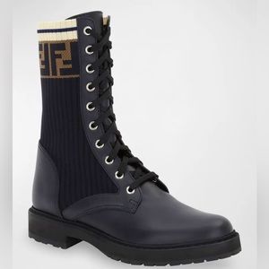 Like New Fendi Leather Combat Boots With FF Cuff